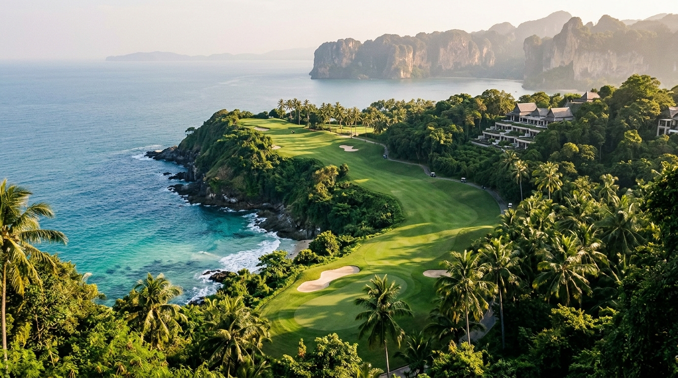 Island golf course above turquoise water in southern Thailand